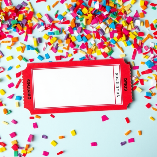 Create a vibrant ticket design with a blank central area bordered in red surrounded by colorful confetti, camera settings f/8, ISO 100, shutter speed 1/125, camera view top-down, camera style high dynamic range, camera type DSLR.