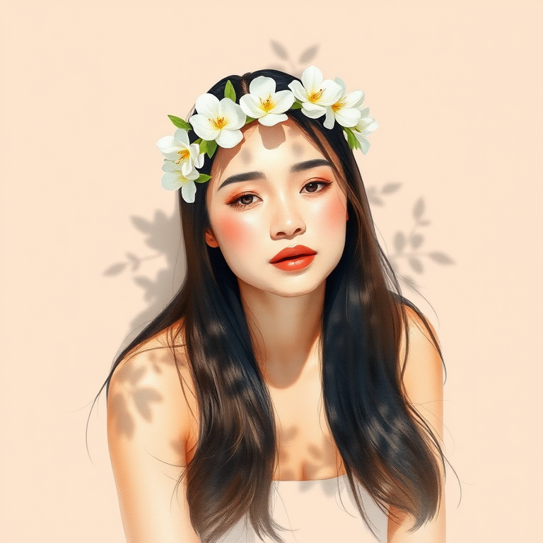 create a watercolor painting of an ethereal portrait of beautiful Malay woman with a simple white flower crown on her head. Her hair is long and she is lying on the ground. The sunlight on the trees casts shadows from the leaves on her face and body. The background is a neutral brown color that matches her skin tone. The image is minimalist and solid colors. This style is characterized by soft, delicate brushstrokes and a light, airy, contrasting color palette. High level of detail and play of light