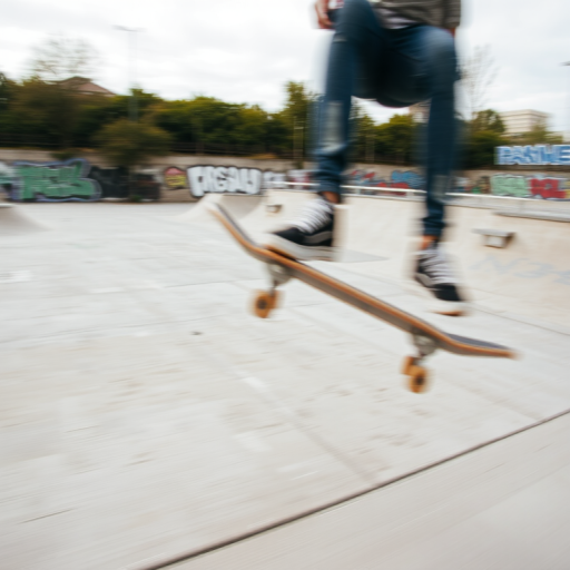 Blurry action shot of a skateboarder mid-air, the board spinning beneath them, soft focus on the concrete park below, distant graffiti-covered walls adding a sense of urban edge.