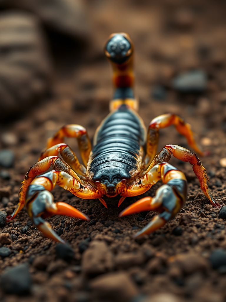 Generate a high-quality vector illustration of a scorpion in a dynamic pose, camera settings: ISO 100, aperture f/8, shutter speed 1/250s, camera view: close-up, camera style: realistic, camera type: DSLR.