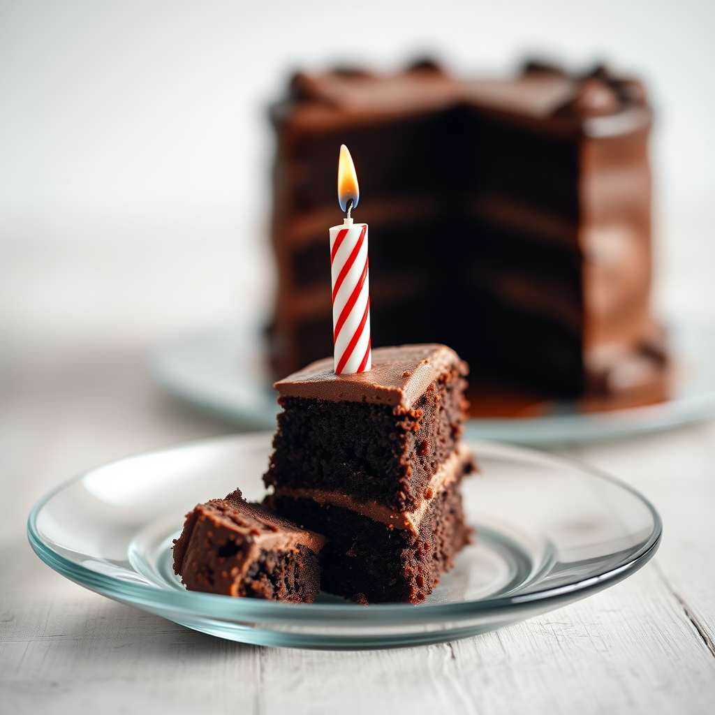 Create a high-resolution image of a chocolate cake slice on a glass plate with a red and white striped birthday candle, using a DSLR camera with a 50mm lens, aperture set to f/2.8, ISO 100, and a soft focus background to enhance depth of field.