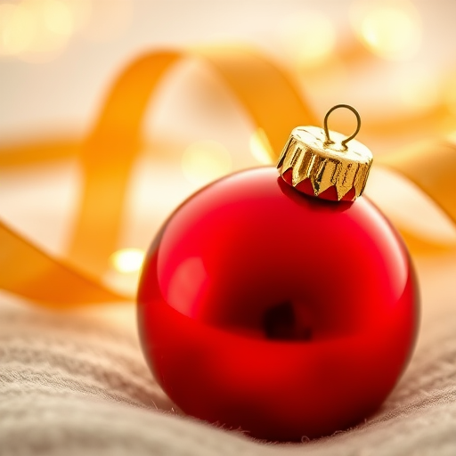 Create an image of a close-up view of a shiny red Christmas ornament with a golden decorative cap, lying on a soft, textured surface. Include a flowing golden ribbon in the background, softly blurred to create a warm, festive atmosphere. The lighting should be soft and warm, enhancing the holiday spirit.
