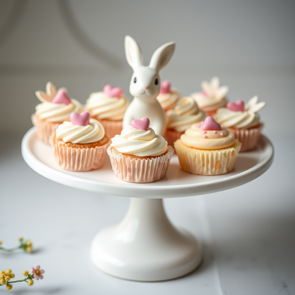 Cute pastel desserts arranged on a white cake stand with a ceramic rabbit figurine, shallow depth of field, ISO 200, f/2.8, 50mm lens, natural light, soft focus, DSLR camera