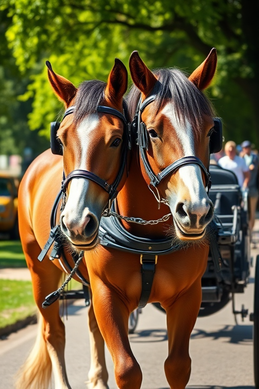 Create a high-resolution image of two draft horses pulling a carriage, focusing on their detailed features and harness, capturing the lush park background in bright daylight, using a DSLR camera at f/4, ISO 200, 1/200 sec, with a wide-angle lens.