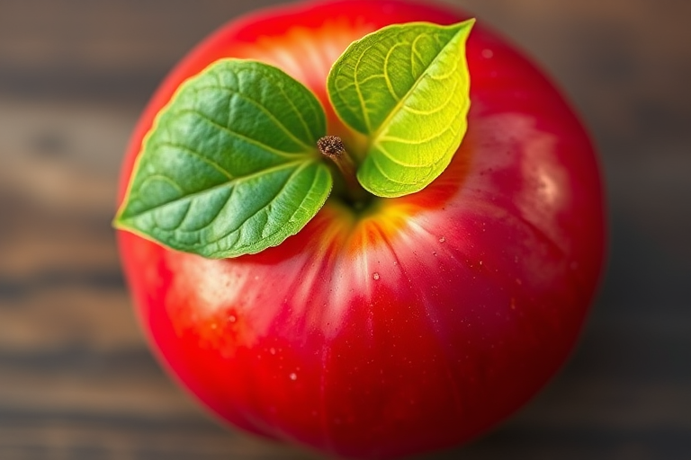 Create a high-resolution image of a bright red apple with a green leaf on top, using a DSLR camera with a 50mm lens, aperture set to f/2.8, ISO 100, and a shallow depth of field for a soft background blur, top-down view in natural light.