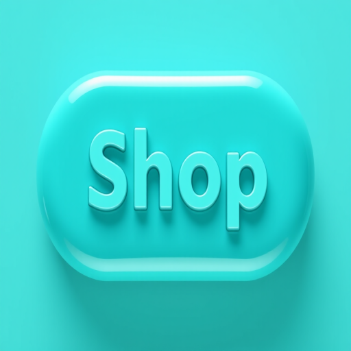 Create a high-resolution 3D button design with a glossy turquoise finish featuring the word "Shop" in a modern font, using a DSLR camera with a 50mm lens, aperture set to f/2.8, ISO 100, shot at a 45-degree angle with soft lighting for depth and clarity.