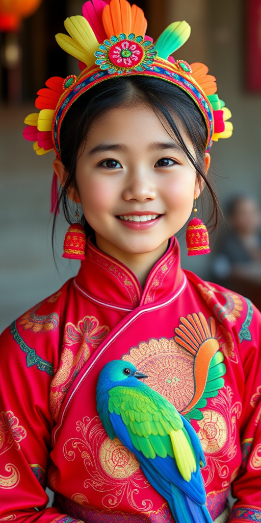 A beautiful Lao girl, wearing colorful bird clothing with vibrant colors