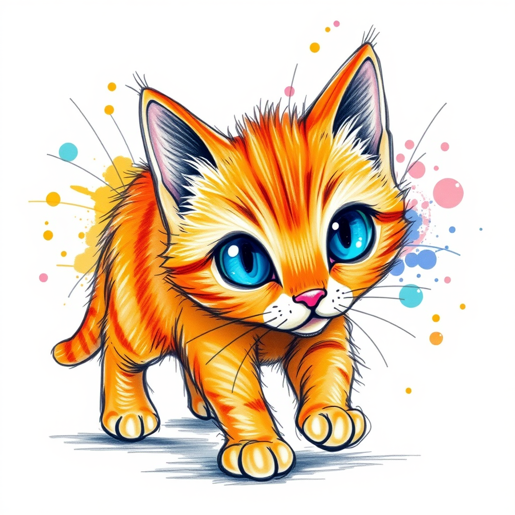 A vibrant childs coloured pencil drawn illustration of a bright orange cat with large, expressive blue eyes, a very cute style. The cat appears to be walking towards the viewer, surrounded by an abstract splash of colors and fine black lines, giving the image a dynamic and artistic flair. The background is a soft beige, highlighting the cat's vivid coloration and playful demeanor. Naively drawn scratchy line style.