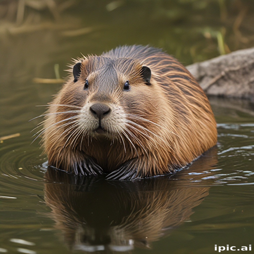 A Curious Beaver Peeking Out from the Calm Water Surface.