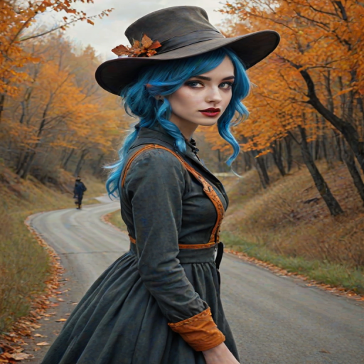 digital art fantasy depicting a strange girl with blue hair, long eyelashes, orange lipstick and a tall hat walking along a winding road on an autumn afternoon, an Cobra smiles as she passes