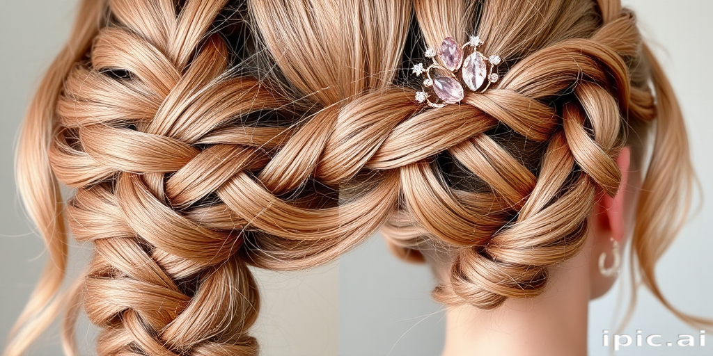 Romantic rose gold French braid titled "Blush Intertwine" woven intricately from the crown to the nape, incorporating soft tendrils and shimmering rose quartz hair accessories
