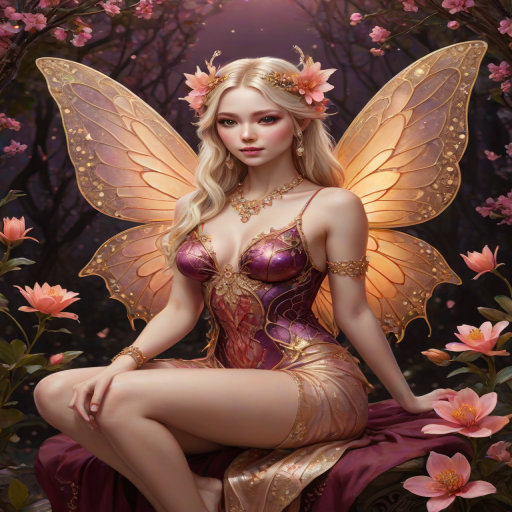 A digital artwork features a winged fairy with delicate Salmon butterfly wings, adorned with intricate Beige andMahogany patterns. She is seated on a vibrant Plum flower, wearing a revealing red two-piece outfit with sparkling beadwork. Her fair skin, long blonde hair, and gold jewelry add to her ethereal appearance. The background is a warm, golden gradient, creating a magical atmosphere. Small glowing orbs and sparkles surround the flower, enhancing the enchanting, highly detailed, and realistic scene.