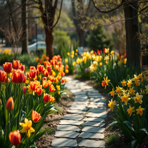 Soft-focus image of a tranquil garden during spring, with vibrant tulips and daffodils blooming, soft sunlight filtering through trees and casting gentle shadows on a winding stone path.