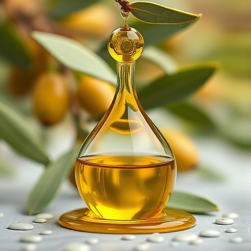 Generate a high-resolution image of a stylized olive oil drop with green leaves and olives, using a DSLR camera with a 50mm lens, aperture set to f/2.8, ISO 100, natural lighting, and a shallow depth of field for a smooth background.