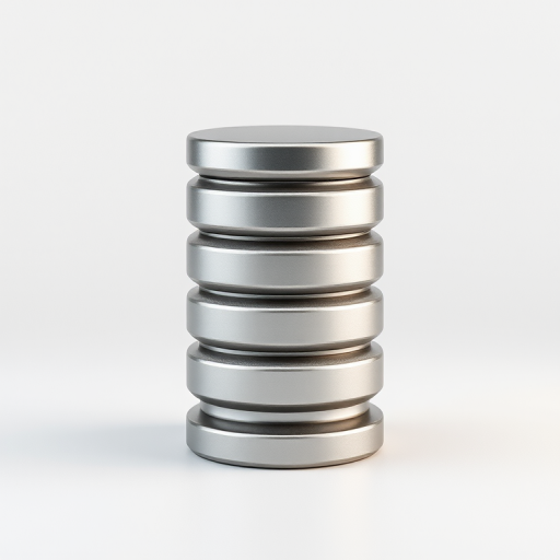 Create a 3D illustration of a metallic cylindrical database icon, use a Canon EOS 5D Mark IV camera with a 50mm f/1.8 lens, set aperture to f/8, ISO 100, and shutter speed 1/125s, in a studio setting with softbox lighting to enhance reflections and textures.