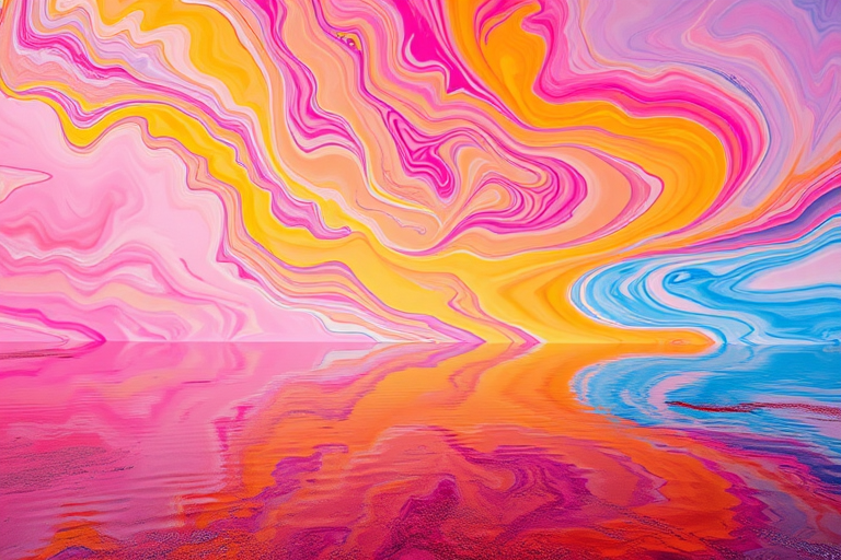 Create an abstract landscape featuring vivid swirling colors of pink, orange, yellow, and blue resembling a paint texture above a reflective water surface, shot with a Canon EOS R5, 50mm lens at f/1.8, ISO 100, with a wide-angle view and high dynamic range for enhanced detail.