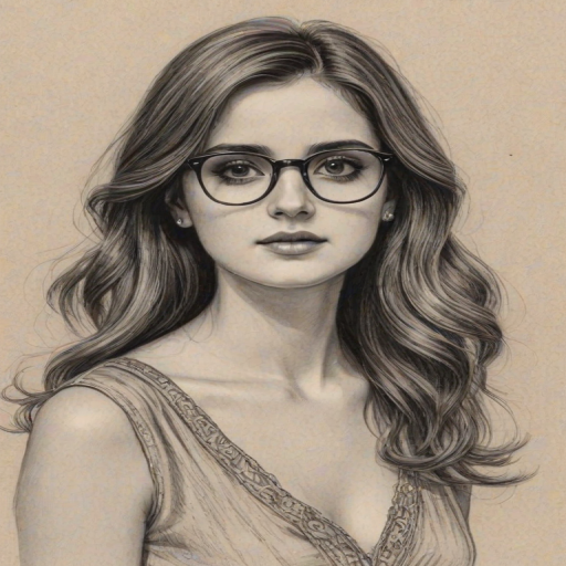 Fascinating Laura Marano, pencil sketch, portrait of Gorgeous woman 1926s in glasses, hair style beatnik, outline, clear lines, fine lines, 8k