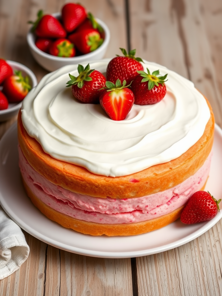 Create an image of a round strawberry cake with a smooth white whipped cream topping and three fresh strawberries on top. The cake has a pink layer visible on the sides and is presented on a white plate. Include a small bowl of strawberries in the background and a rustic wooden table surface.