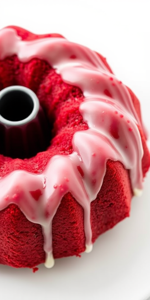 Red velvet cake in a bundt pan with a rich texture and vibrant red color topped with a glossy glaze on a white background.