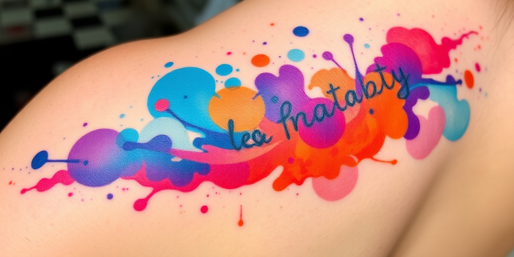 Vibrant watercolor splash tattoo named "Chromatic Symphony" featuring bright hues of blue, purple, and orange blending seamlessly across the skin creating an abstract masterpiece with delicate splatters and smooth gradients