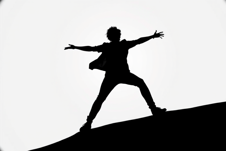 Generate an abstract black silhouette of a person with a dynamic pose on a white background, using a DSLR camera with a 50mm lens, aperture f/2.8, shutter speed 1/250, ISO 100, taken from a low-angle view for dramatic effect.