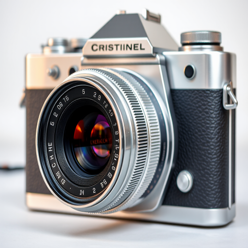 Create a high-resolution image of a vintage camera with a shiny silver body and a prominent lens, captured with a DSLR camera at f/2.8 aperture, ISO 100, 1/60s shutter speed, frontal view, in natural light for enhanced clarity and detail.