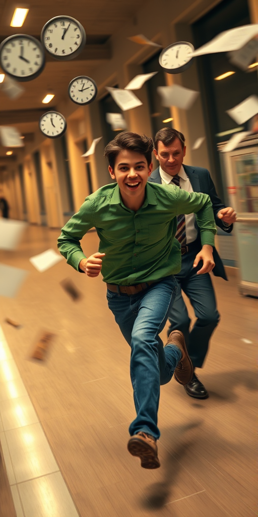 A dynamic scene depicting a young man in a green shirt and jeans running with determination while an older man in a suit follows closely behind, surrounded by flying clocks and paperwork, shot with a Canon EOS R5, 50mm lens, f/1.4 aperture, ISO 100, at a low angle and high shutter speed for motion blur effects.