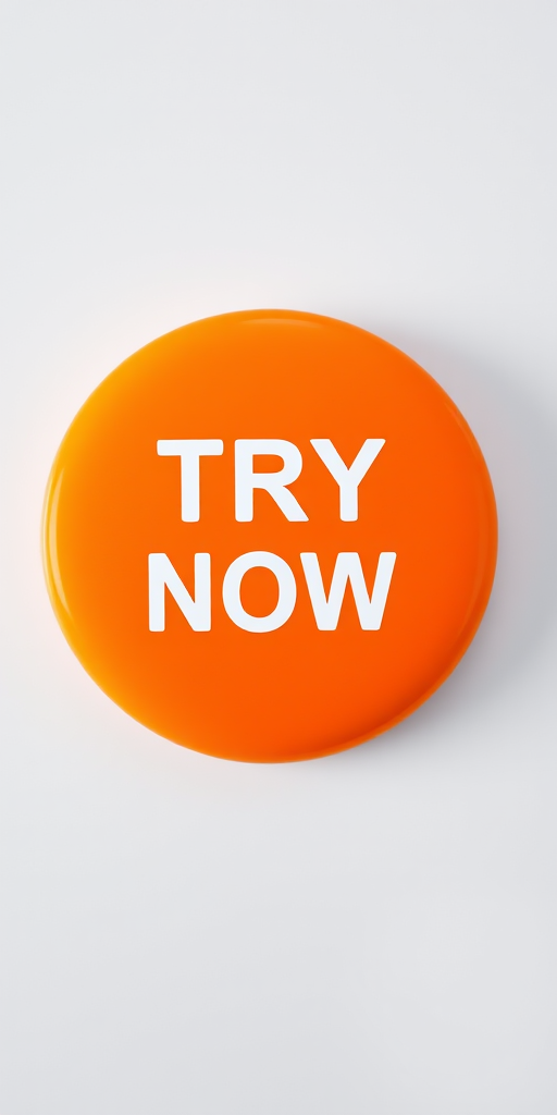 Create a vibrant orange button with the text "TRY NOW" in bold white letters, using a DSLR camera at f/2.8 aperture, ISO 100, and a 50mm lens for a shallow depth of field, shot from a top-down angle to emphasize the button's rounded edges and smooth gradient.