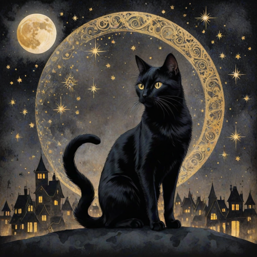 a stylized black cat with iridescent golden arabesques all over its body, on a grungy smoky black background with matching celestial designs, a full moon with silhouettes of lit houses, bright shooting stars, dazzling, magical BG, reminiscent of Christmas wonderland