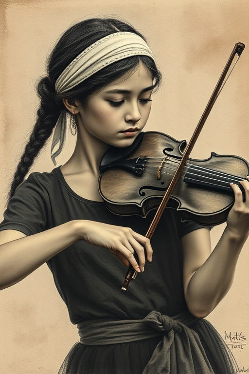a young M'tis woman with a white headband playing a violin, in the style of a charcoal drawing, sepia grunge background