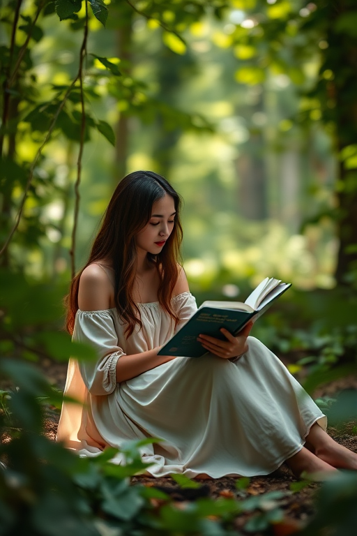 A serene young woman in a flowing light-colored dress sitting on the forest floor, deeply immersed in a book, surrounded by lush green leaves and soft, gentle lighting, captured with a Nikon D850, 50mm lens, f/1.8 aperture, ISO 200, soft focus effect, and natural light to emphasize the tranquil ambiance.