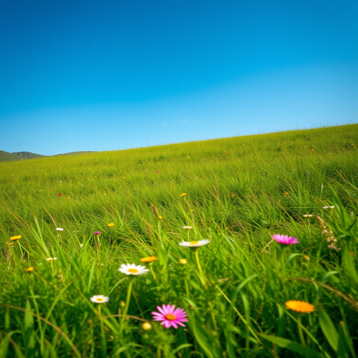 Generate an image of a serene landscape featuring a lush green meadow with wildflowers under a clear blue sky, taken with a Canon EOS R5, 24mm lens, f/8 aperture, ISO 200, 1/250 sec shutter speed, in vibrant colors and high detail.