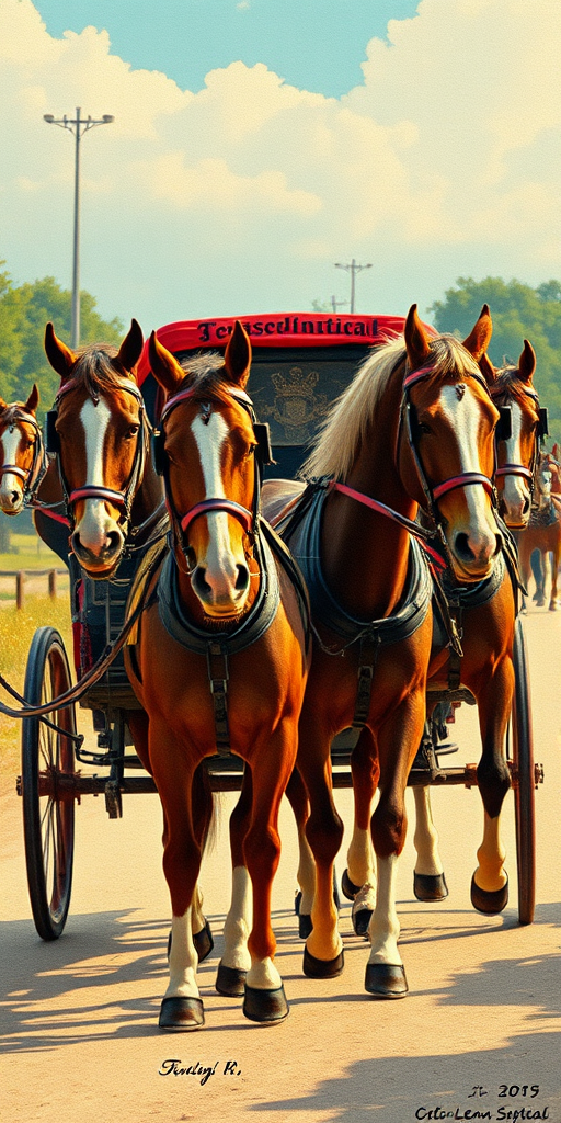 Regenerate a vintage illustration of a horse-drawn carriage with multiple horses, focus on vibrant colors and fine details, using a Canon EOS R5, 50mm lens, f/1.8 aperture, ISO 100, natural lighting, 300 DPI resolution.