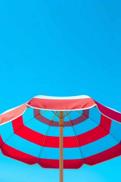 Create a vibrant digital illustration of a beach umbrella with alternating red and blue stripes, featuring a clear blue sky as the background, captured from a low angle; use a DSLR camera with a 50mm lens, aperture set to f/2.8 for a shallow depth of field, ISO 100, and a shutter speed of 1/200s to enhance colors and clarity.