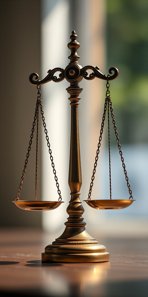 create a detailed illustration of a balanced scale symbolizing justice, captured with a Canon EOS R5 camera, 50mm lens, f/2.8 aperture, ISO 100, in natural light, with a shallow depth of field to focus on the scale against a blurred background.