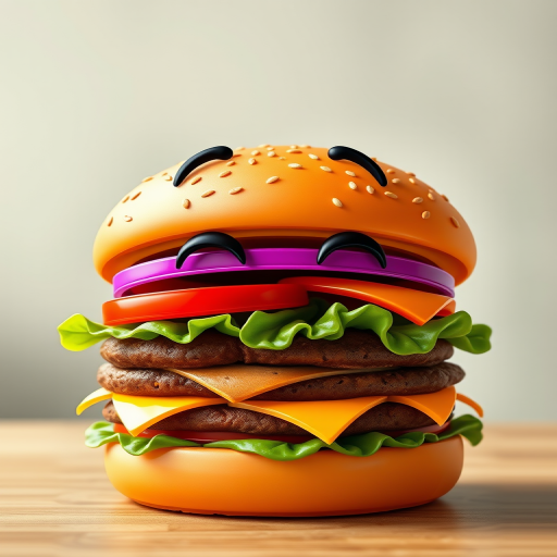 create a cartoon-style image of a happy burger with exaggerated facial features, vibrant colors, and clean lines, using a DSLR camera with a 50mm lens, aperture f/1.8, ISO 100, natural light, shot from a slightly elevated angle to enhance depth and focus on the burger