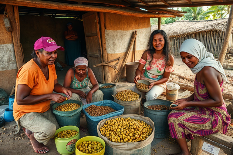 Regenerate a rural scene of five people engaged in coffee processing in a village setting, captured with a Canon EOS R6, ISO 200, f/4, 1/200 sec, natural light, warm tones, wide-angle lens, soft focus on the background to enhance the subjects in the foreground.