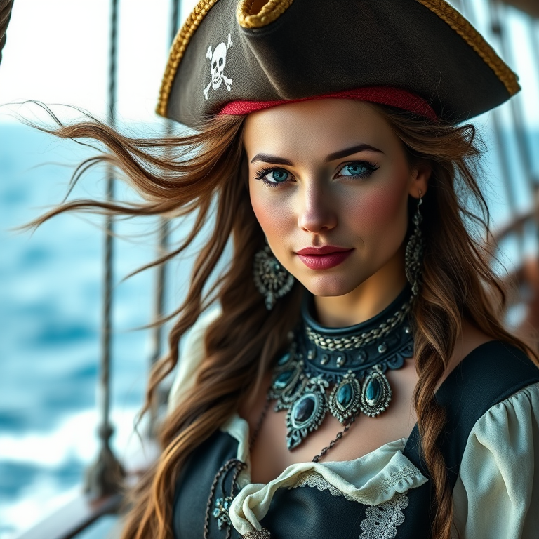 Capture a portrait of a beautiful woman dressed as a pirate, with flowing hair and intricate jewelry, aboard a ship with a blurred ocean backdrop, using a Canon EOS R5, 50mm lens, f/1.8 aperture, ISO 100, and a soft natural light to enhance the clarity and detail of the face and costume.