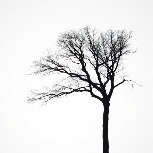 Capture a minimalistic black and white silhouette of a tree against a soft gradient background, using a DSLR camera, aperture f/2.8, ISO 200, shutter speed 1/200s, in portrait orientation, with a shallow depth of field for a dreamy effect.