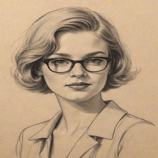 Delightful Robyn, pencil sketch, portrait of Sublime woman 1931s in glasses, hair style beatnik, outline, clear lines, fine lines, 8k