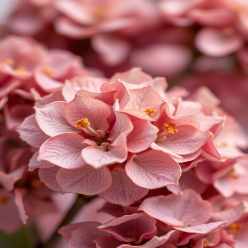 macro shot of dried hydrangea flowers with soft pastel background, f/2.8 aperture, 100mm lens, ISO 200, natural light, shallow depth of field, DSLR camera