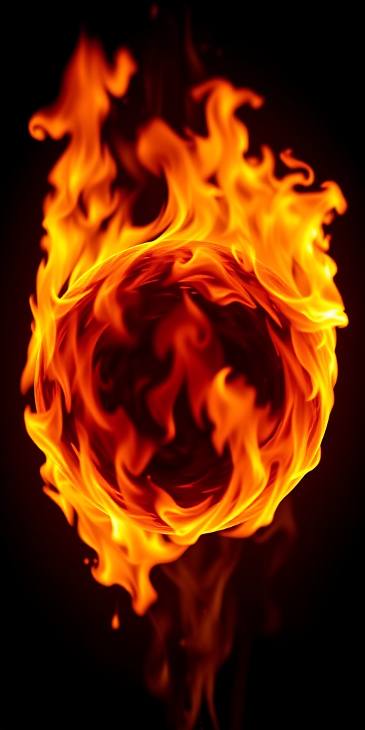 A fiery sphere with vibrant flames engulfing it, set against a dark background, captured with a Canon EOS R5, 50mm lens, f/1.8 aperture, ISO 100, 1/125 sec exposure, soft focus for a dramatic effect, and high dynamic range for enhanced colors and details.