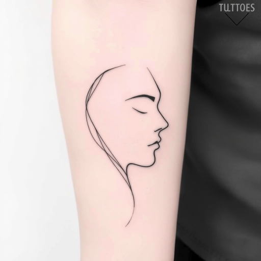 Minimalist single-line tattoo tracing the silhouette of a face in continuous motion, incorporating negative space and strategic line breaks to create a dynamic, abstract portrait
