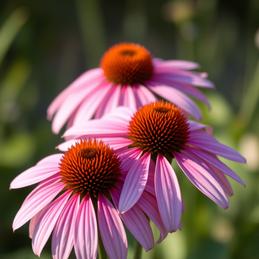 A close-up shot of three echinacea flowers in soft focus, natural morning light, aperture f/2.8, shutter speed 1/200s, ISO 100, DSLR camera, shallow depth of field, macro photography style.