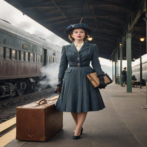 Vintage train station, a woman dressed in 1940s attire stands at the platform, her gloved hands clutching a small suitcase, as steam from the train billows around her.