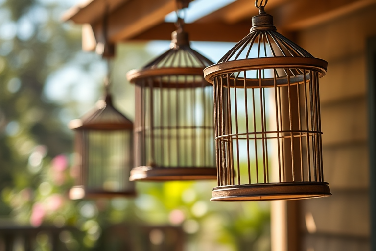 photograph of wooden birdcages hanging outdoors, shallow depth of field, natural light, f/2.8, ISO 100, 1/200 sec, Canon EOS R5, 35mm lens, soft focus background