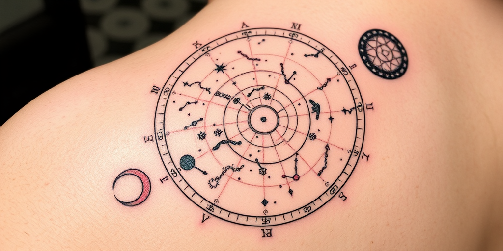 Illustrative fine line tattoo called "Celestial Cartography" depicting a detailed star map with constellations and zodiac symbols using delicate black lines and subtle gray shading