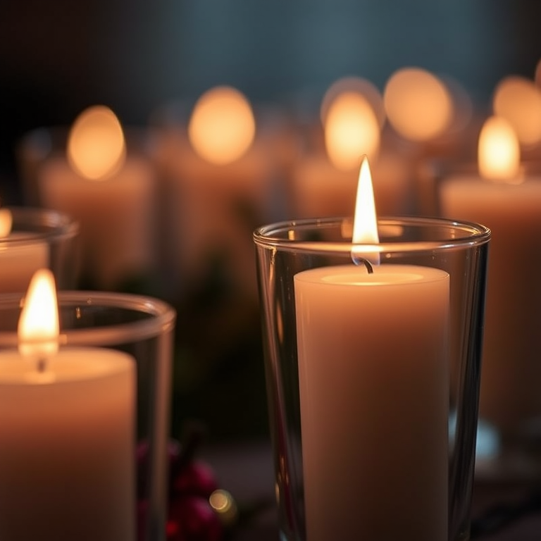Create a close-up shot of candles with soft flickering flames in glass holders, using a 50mm lens at f/1.8, ISO 200, shutter speed 1/60, with a bokeh effect to enhance the warm glow and depth of field, captured in low light with a DSLR camera.