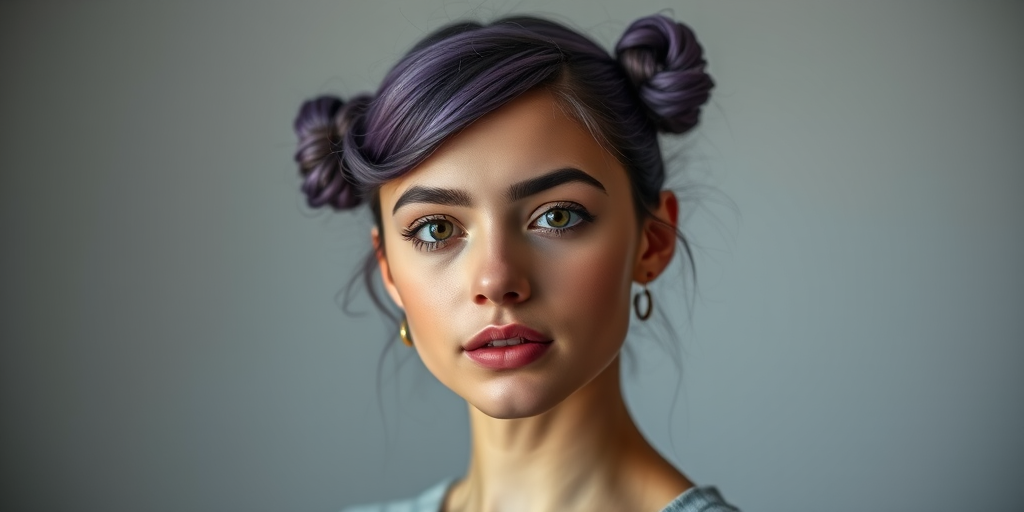 portrait of a young woman with purple hair styled in buns, natural makeup, neutral expression, studio lighting, f/1.8 aperture, 85mm lens, ISO 100, soft focus background, high-resolution digital photography
