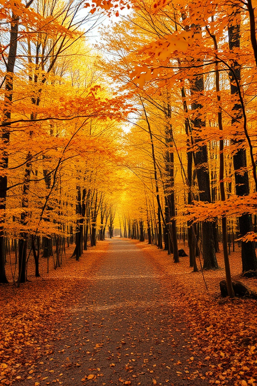 autumn forest path with vibrant yellow and orange leaves, shot with a Canon EOS R6, 24-70mm lens, f/4 aperture, ISO 200, shutter speed 1/125s, in soft natural light, capturing a wide-angle view for depth and clarity